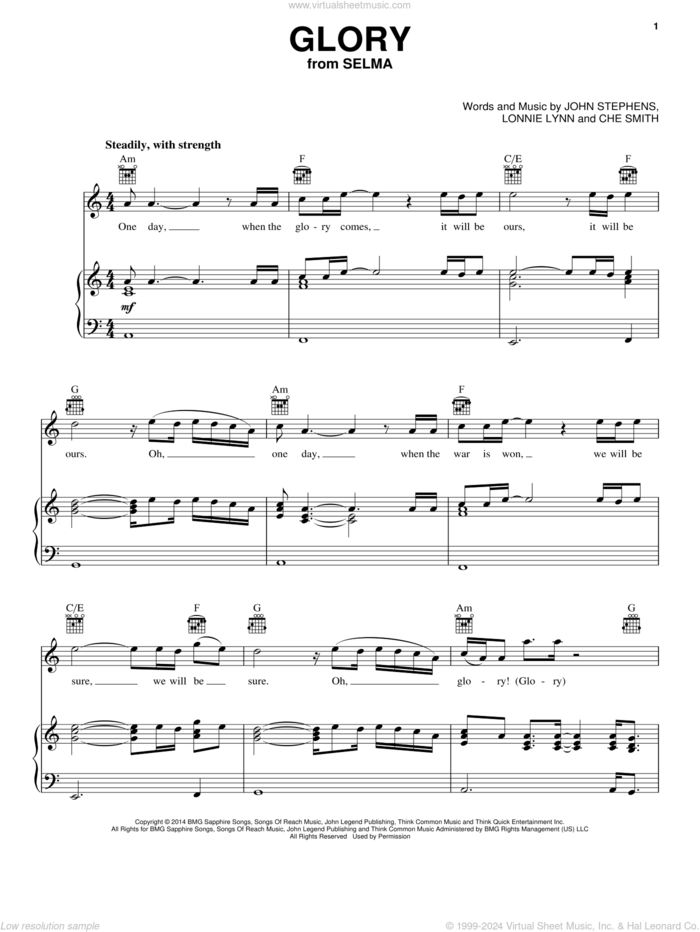 Glory sheet music for voice, piano or guitar by Common & John Legend, John Legen feat. Common, John Legend, Che Smith, John Stephens and Lonnie Lynn, intermediate skill level