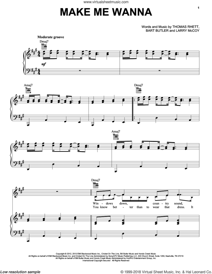 Make Me Wanna sheet music for voice, piano or guitar by Thomas Rhett, Bart Butler and Larry McCoy, intermediate skill level