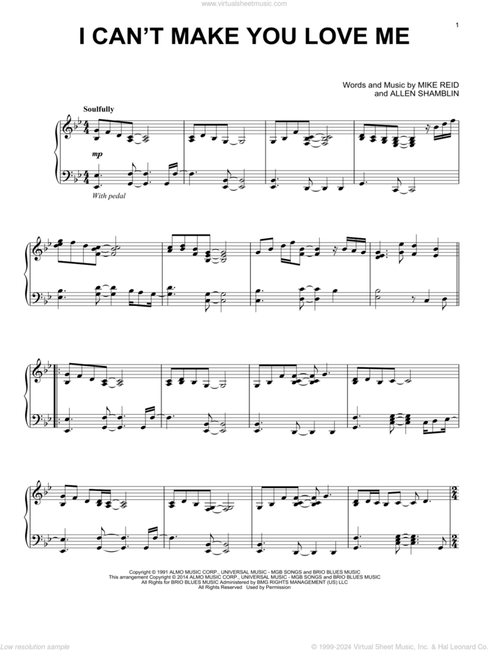 I Can't Make You Love Me sheet music for piano solo by Bonnie Raitt, intermediate skill level