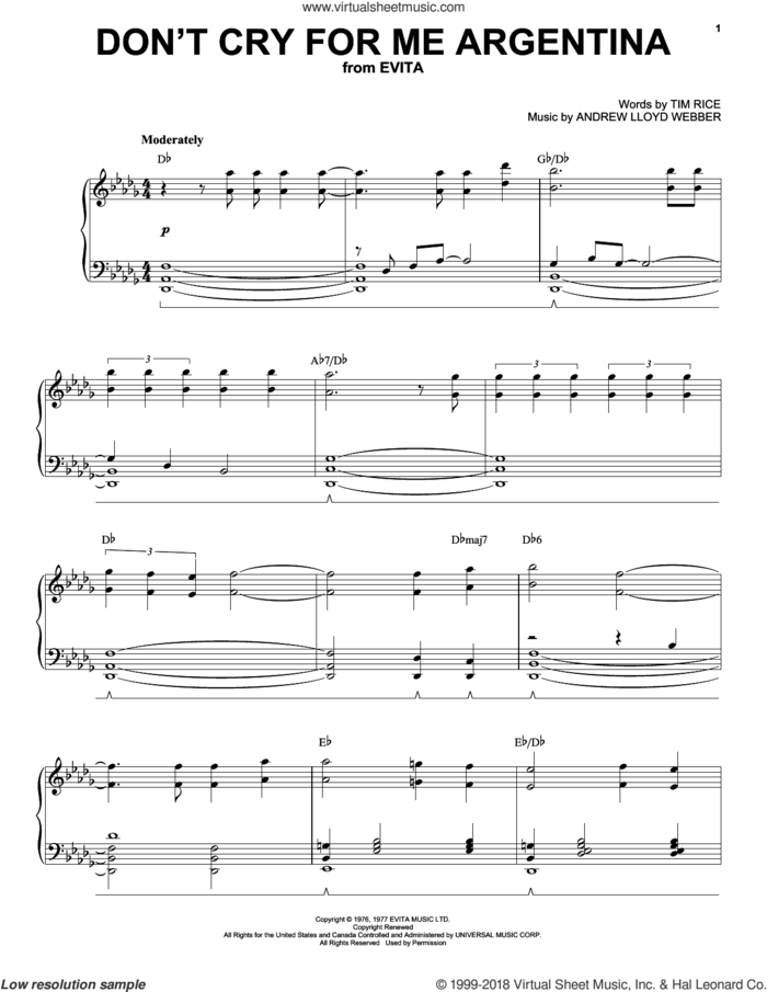 Don't Cry For Me Argentina sheet music for voice and piano by Andrew Lloyd Webber, Madonna and Tim Rice, intermediate skill level