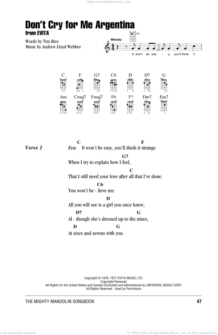 Don't Cry For Me Argentina sheet music for mandolin (chords only) by Andrew Lloyd Webber, Madonna and Tim Rice, intermediate skill level