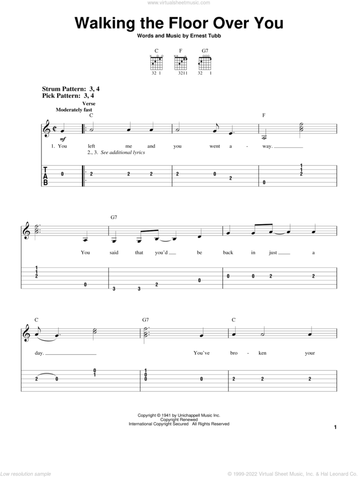 Walking The Floor Over You sheet music for guitar solo (easy tablature) by Ernest Tubb, easy guitar (easy tablature)