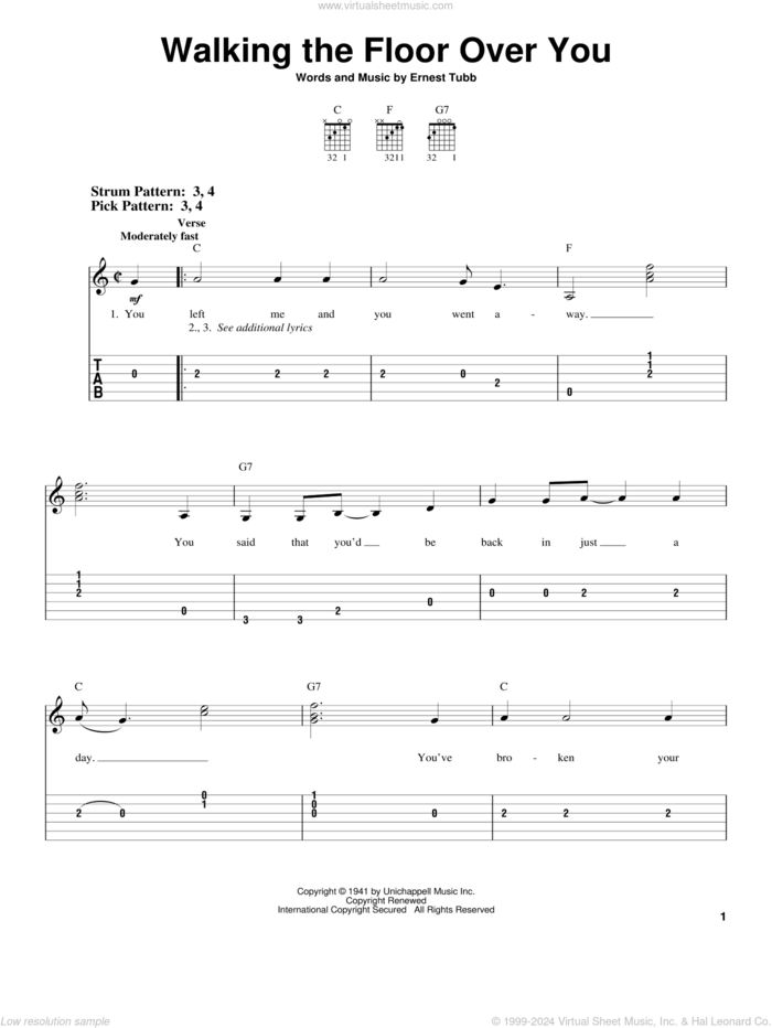 Walking The Floor Over You sheet music for guitar solo (easy tablature) by Ernest Tubb, easy guitar (easy tablature)