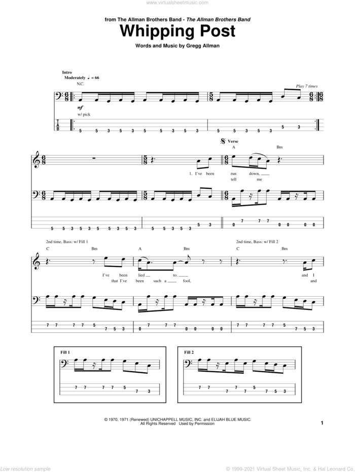 Whipping Post sheet music for bass (tablature) (bass guitar) by Allman Brothers and Gregg Allman, intermediate skill level