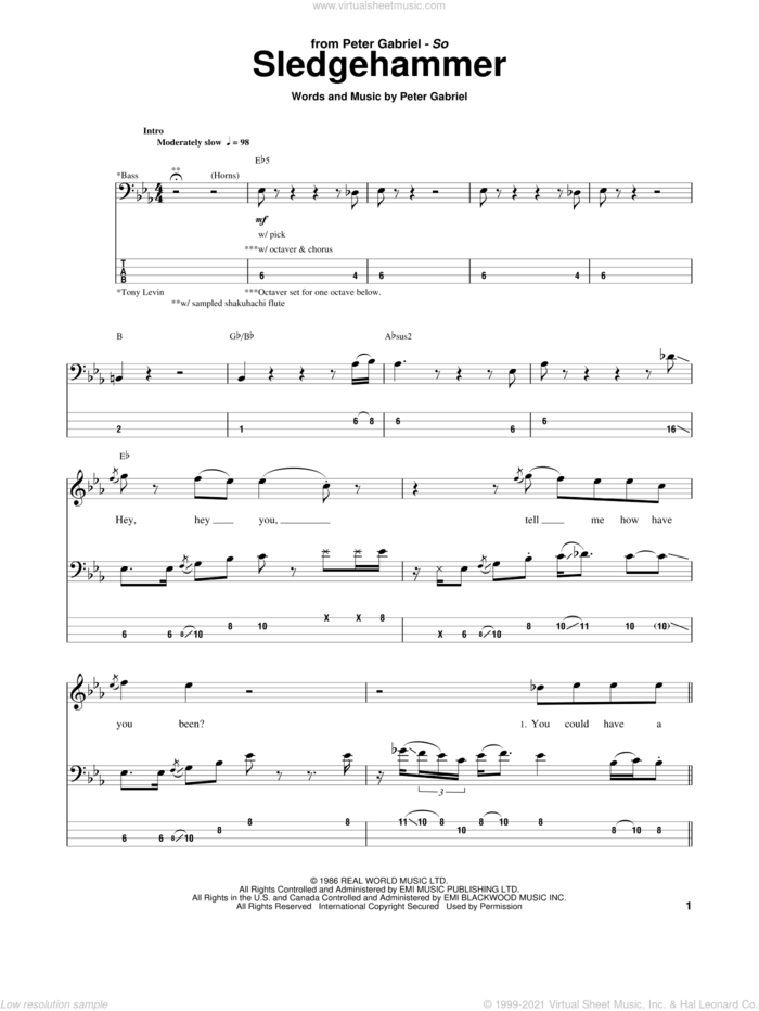 Sledgehammer sheet music for bass (tablature) (bass guitar) by Peter Gabriel, intermediate skill level