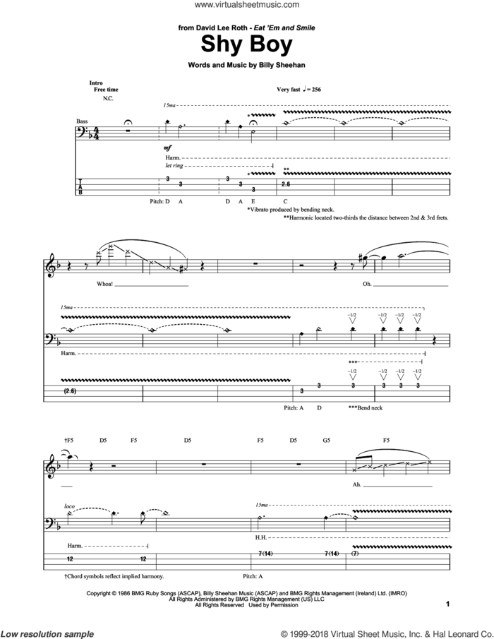 Shy Boy sheet music for bass (tablature) (bass guitar) by David Lee Roth and Billy Sheehan, intermediate skill level