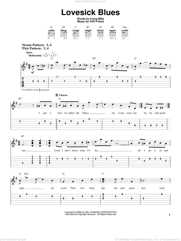 Lovesick Blues sheet music for guitar solo (easy tablature) by Hank Williams, Patsy Cline, Cliff Friend and Irving Mills, easy guitar (easy tablature)