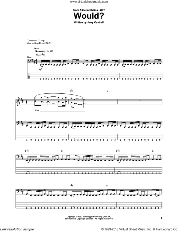 Would? sheet music for bass (tablature) (bass guitar) by Alice In Chains and Jerry Cantrell, intermediate skill level
