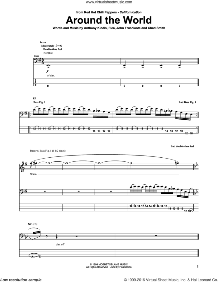 Around The World sheet music for bass (tablature) (bass guitar) by Red Hot Chili Peppers, Anthony Kiedis, Chad Smith, Flea and John Frusciante, intermediate skill level