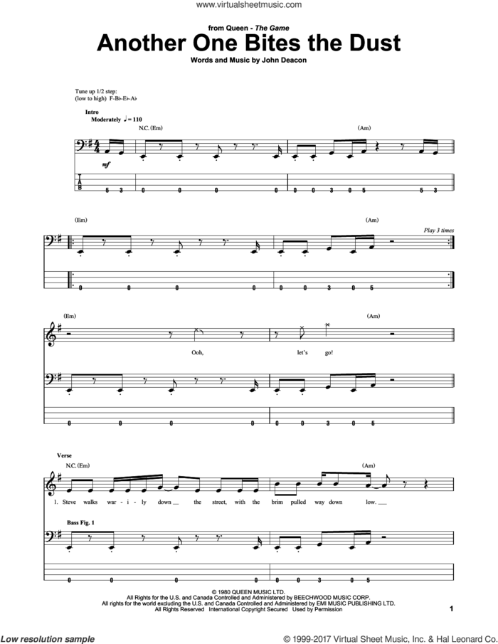 Another One Bites The Dust sheet music for bass (tablature) (bass guitar) by Queen and John Deacon, intermediate skill level