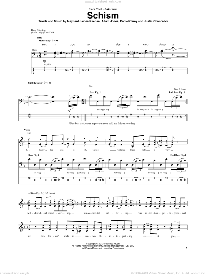 Schism sheet music for bass (tablature) (bass guitar) by Tool, Adam Jones, Daniel Carey, Justin Chancellor and Maynard James Keenan, intermediate skill level