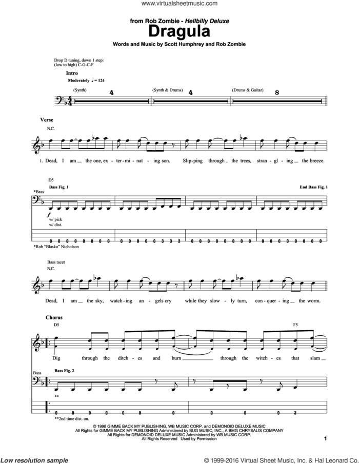 Dragula sheet music for bass (tablature) (bass guitar) by Rob Zombie and Scott Humphrey, intermediate skill level