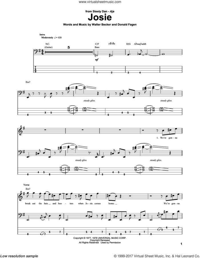 Josie sheet music for bass (tablature) (bass guitar) by Steely Dan, Donald Fagen and Walter Becker, intermediate skill level