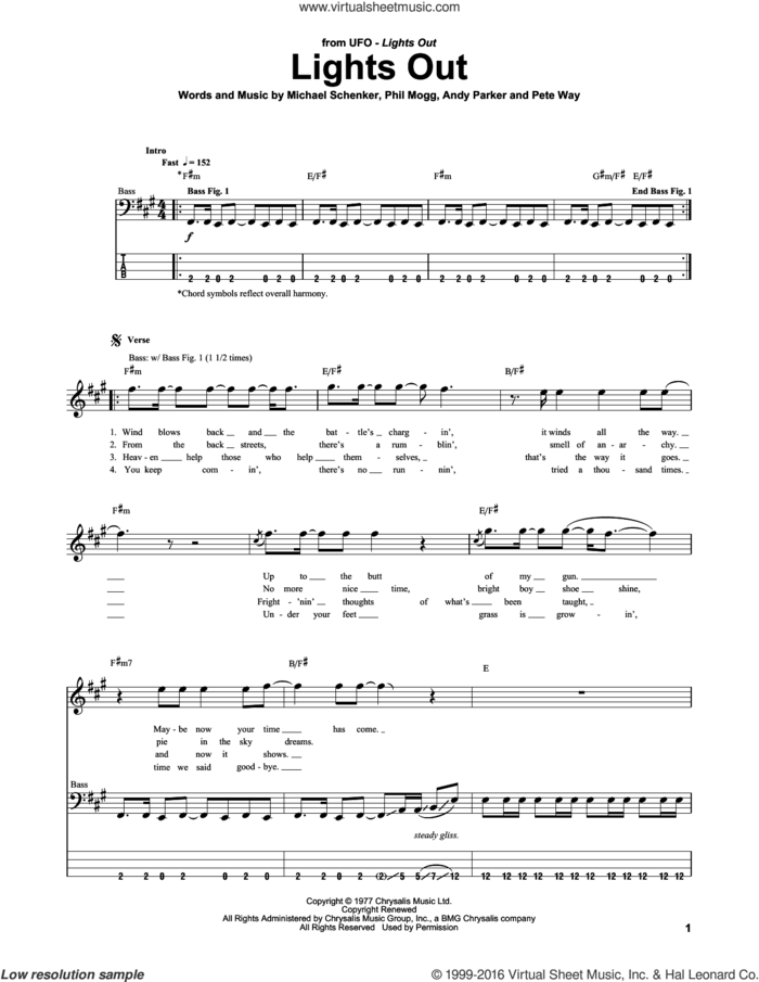 Lights Out sheet music for bass (tablature) (bass guitar) by UFO, Andy Parker, Michael Schenker, Pete Way and Phil Mogg, intermediate skill level