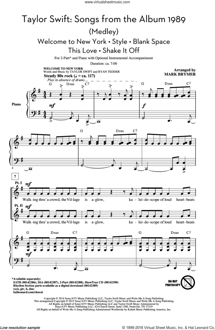 Taylor Swift: Songs from the Album 1989 (Medley) (arr. Mark Brymer) sheet music for choir (2-Part) by Taylor Swift, Mark Brymer, Johan Schuster, Max Martin and Shellback, intermediate duet