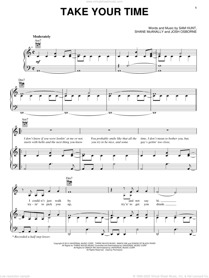 Take Your Time sheet music for voice, piano or guitar by Sam Hunt, Josh Osborne and Shane McAnally, intermediate skill level