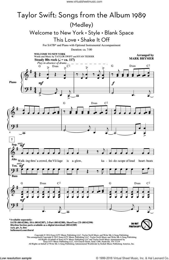 Taylor Swift: Songs from the Album 1989 (Medley) (arr. Mark Brymer) sheet music for choir (SATB: soprano, alto, tenor, bass) by Taylor Swift, Mark Brymer, Johan Schuster, Max Martin and Shellback, intermediate skill level