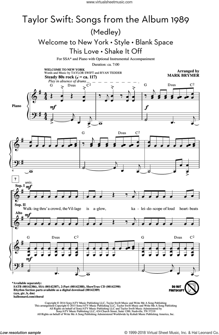 Taylor Swift: Songs from the Album 1989 (Medley) (arr. Mark Brymer) sheet music for choir (SSA: soprano, alto) by Taylor Swift, Mark Brymer, Johan Schuster, Max Martin and Shellback, intermediate skill level