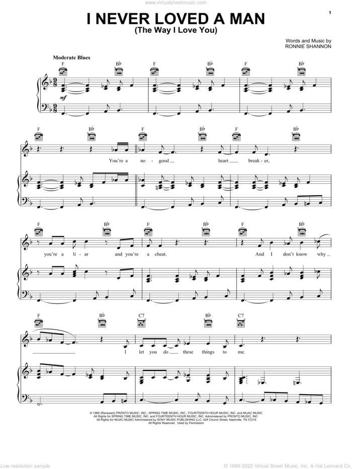 I Never Loved A Man (The Way I Love You) sheet music for voice, piano or guitar by Aretha Franklin and Ronnie Shannon, intermediate skill level