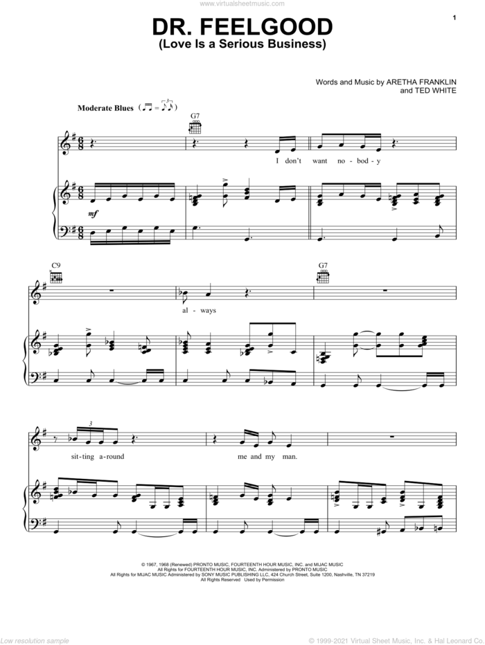 Dr. Feelgood (Love Is A Serious Business) sheet music for voice, piano or guitar by Aretha Franklin and Ted White, intermediate skill level