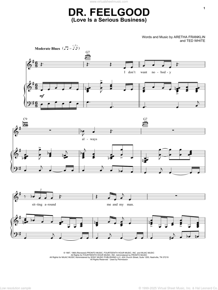 Dr. Feelgood (Love Is A Serious Business) sheet music for voice, piano or guitar by Aretha Franklin and Ted White, intermediate skill level