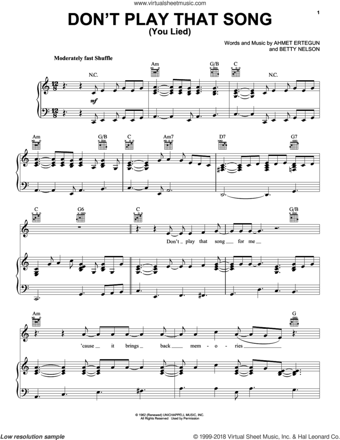 Don't Play That Song (You Lied) sheet music for voice, piano or guitar by Aretha Franklin, Ahmet Ertegun and Betty Nelson, intermediate skill level