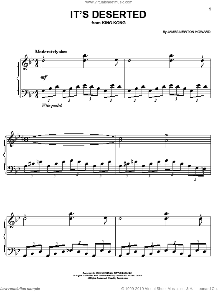 It's Deserted sheet music for piano solo by James Newton Howard and King Kong (Movie), easy skill level