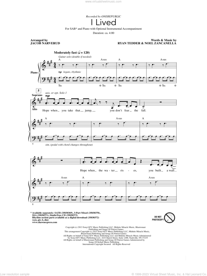 I Lived (arr. Jacob Narverud) sheet music for choir (SAB: soprano, alto, bass) by Jacob Narverud, OneRepublic, Noel Zancanella and Ryan Tedder, intermediate skill level