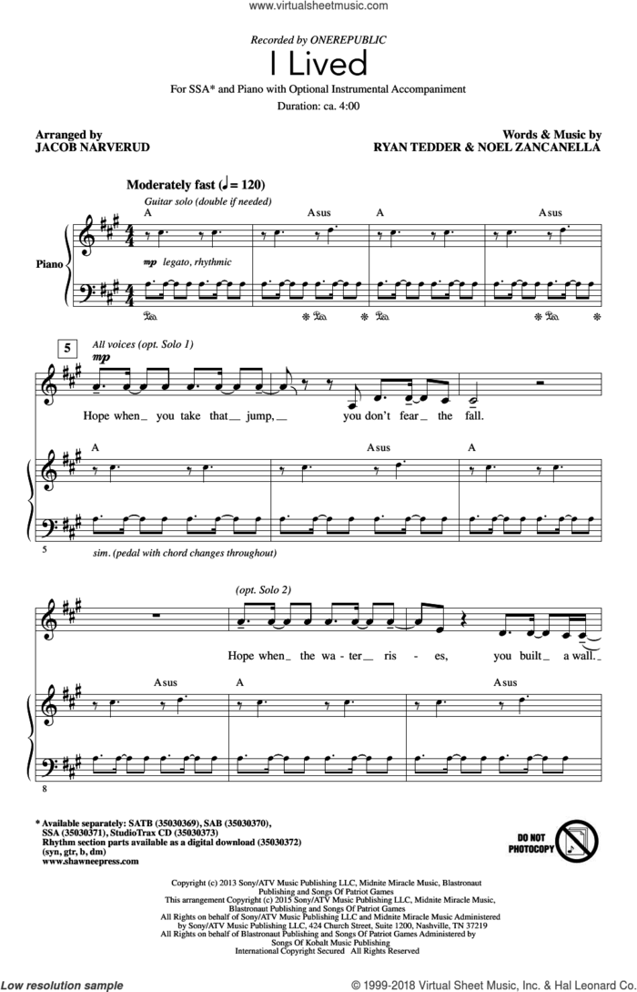 I Lived (arr. Jacob Narverud) sheet music for choir (SSA: soprano, alto) by Jacob Narverud, OneRepublic, Noel Zancanella and Ryan Tedder, intermediate skill level