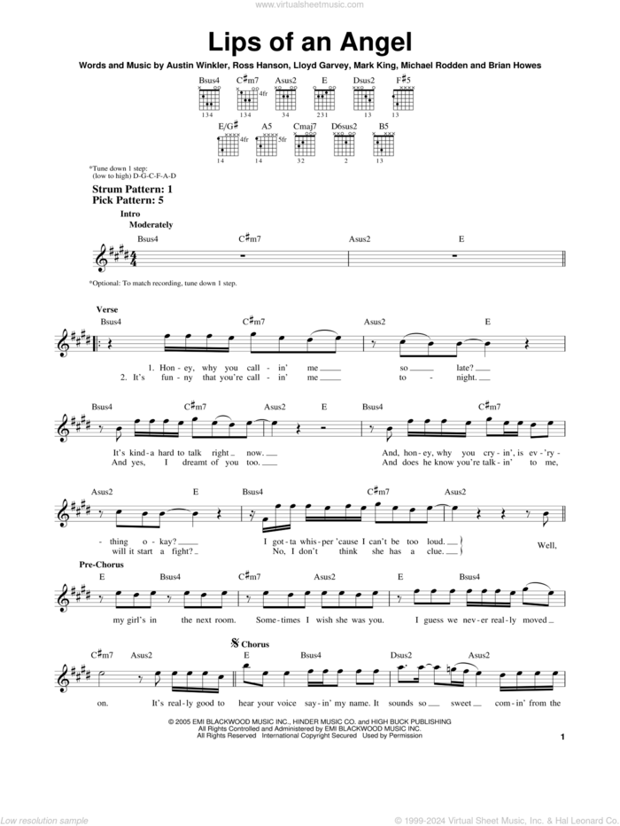 Lips Of An Angel sheet music for guitar solo (chords) by Hinder, Jack Ingram, Austin Winkler, Brian Howes, Lloyd Garvey, Mark King, Michael Rodden and Ross Hanson, easy guitar (chords)