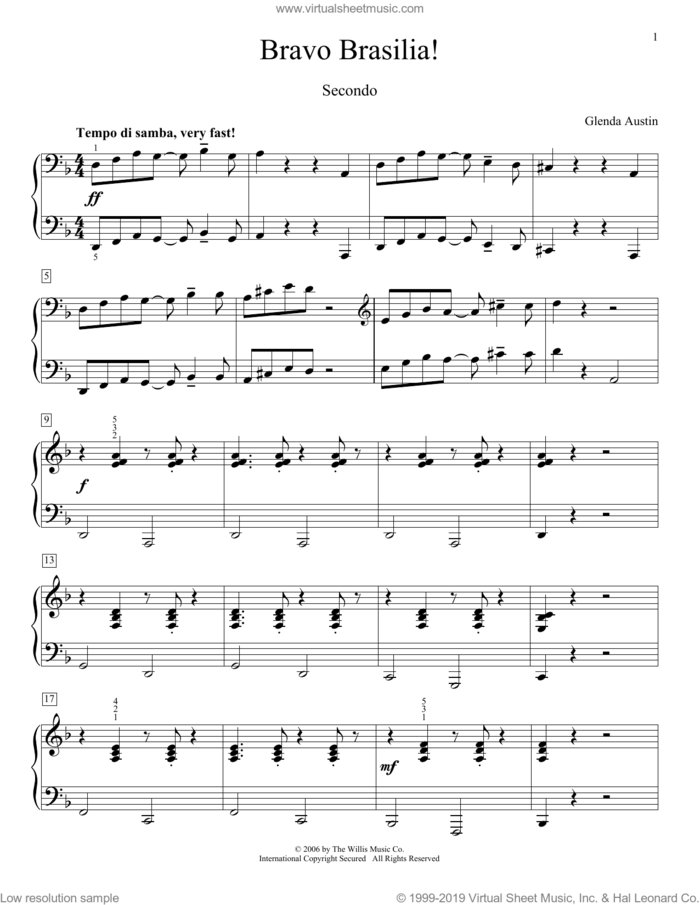 Bravo Brasilia! sheet music for piano four hands by Glenda Austin, intermediate skill level