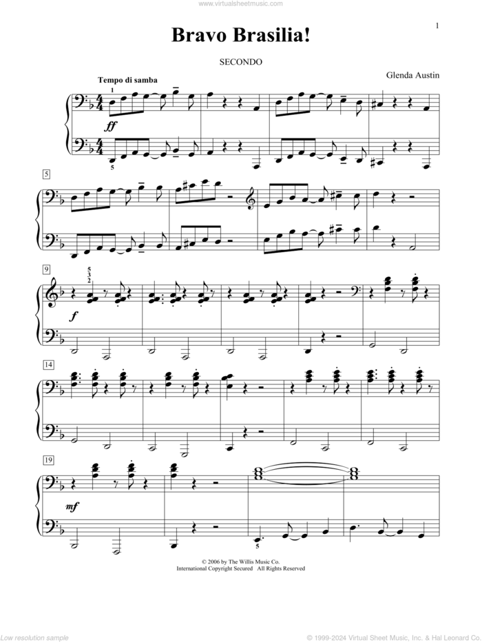 Bravo Brasilia! sheet music for piano four hands by Glenda Austin, intermediate skill level