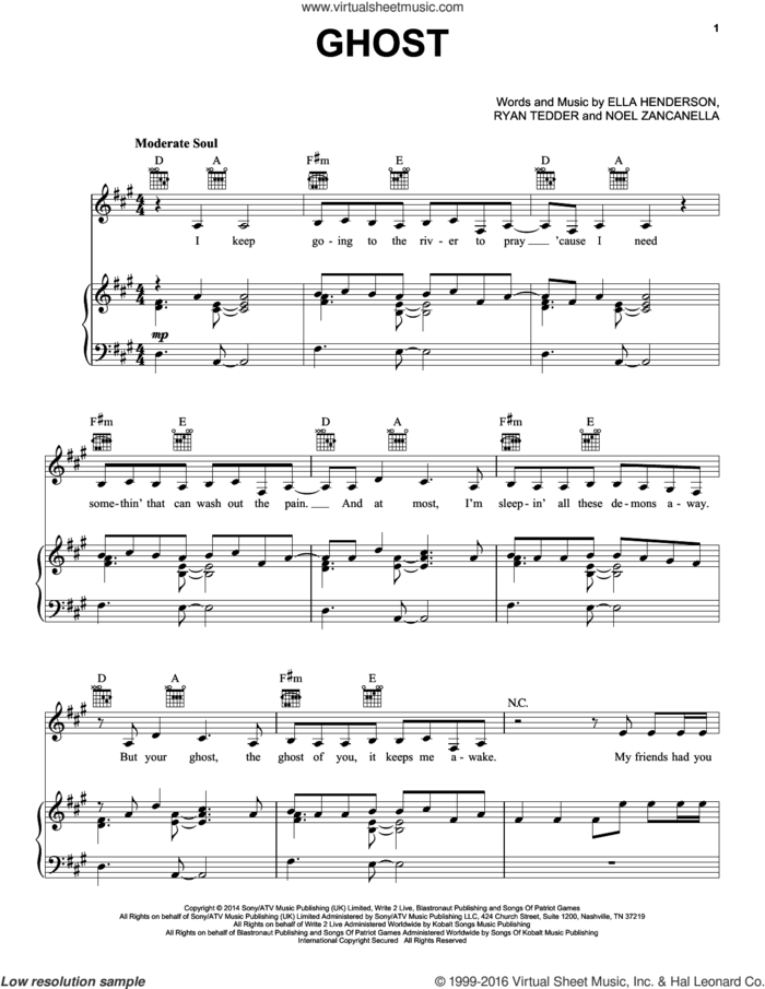 Ghost sheet music for voice, piano or guitar by Ella Henderson, Noel Zancanella and Ryan Tedder, intermediate skill level