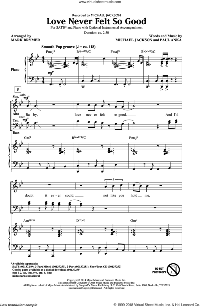 Love Never Felt So Good sheet music for choir (SATB: soprano, alto, tenor, bass) by Michael Jackson, Mark Brymer, Michael Jackson & Justin Timberlake and Paul Anka, intermediate skill level