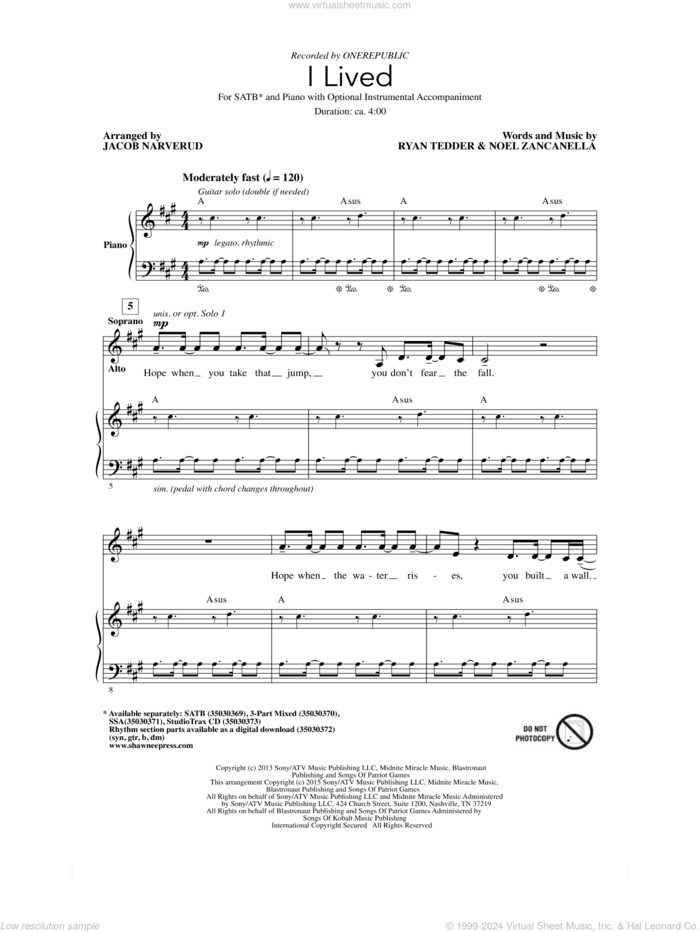 I Lived (arr. Jacob Narverud) sheet music for choir (SATB: soprano, alto, tenor, bass) by Jacob Narverud, OneRepublic, Noel Zancanella and Ryan Tedder, intermediate skill level