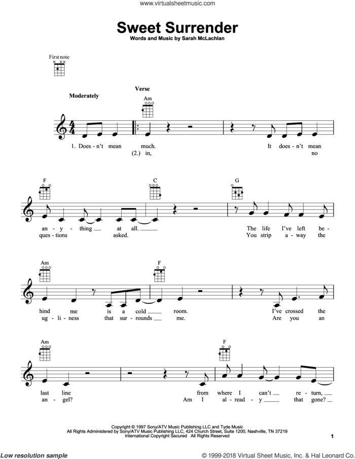 Sweet Surrender sheet music for ukulele by Sarah McLachlan, intermediate skill level