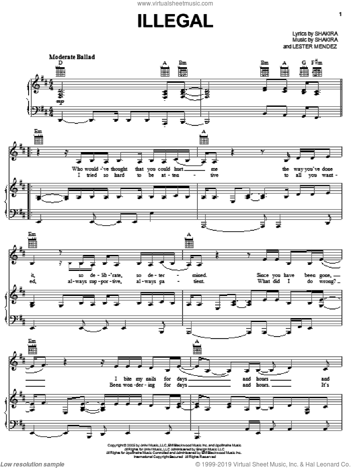 Illegal sheet music for voice, piano or guitar by Shakira and Lester Mendez, intermediate skill level