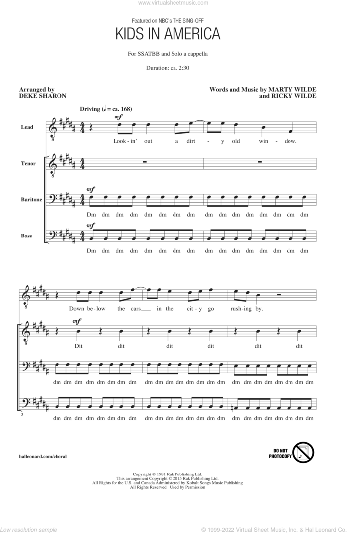 Kids In America sheet music for choir (SATB: soprano, alto, tenor, bass) by Marty Wilde, Deke Sharon and Ricky Wilde, intermediate skill level