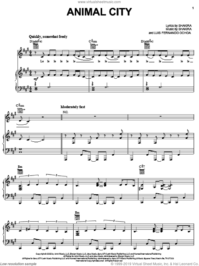 Animal City sheet music for voice, piano or guitar by Shakira and Luis Fernando Ochoa, intermediate skill level