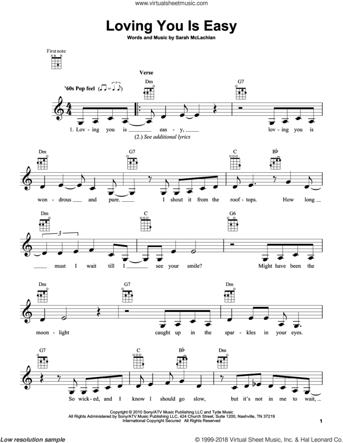 Loving You Is Easy sheet music for ukulele by Sarah McLachlan, wedding score, intermediate skill level