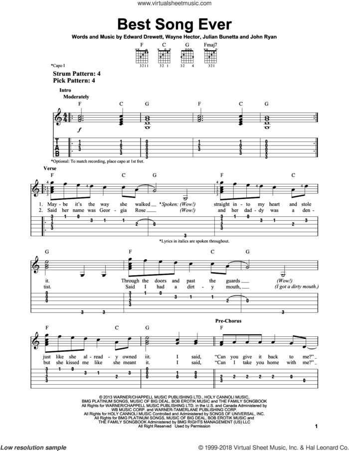 Best Song Ever sheet music for guitar solo (easy tablature) by One Direction, Edward Drewett, John Ryan, Julian Bunetta and Wayne Hector, easy guitar (easy tablature)