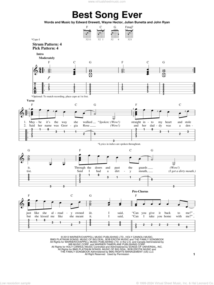 Best Song Ever sheet music for guitar solo (easy tablature) by One Direction, Edward Drewett, John Ryan, Julian Bunetta and Wayne Hector, easy guitar (easy tablature)