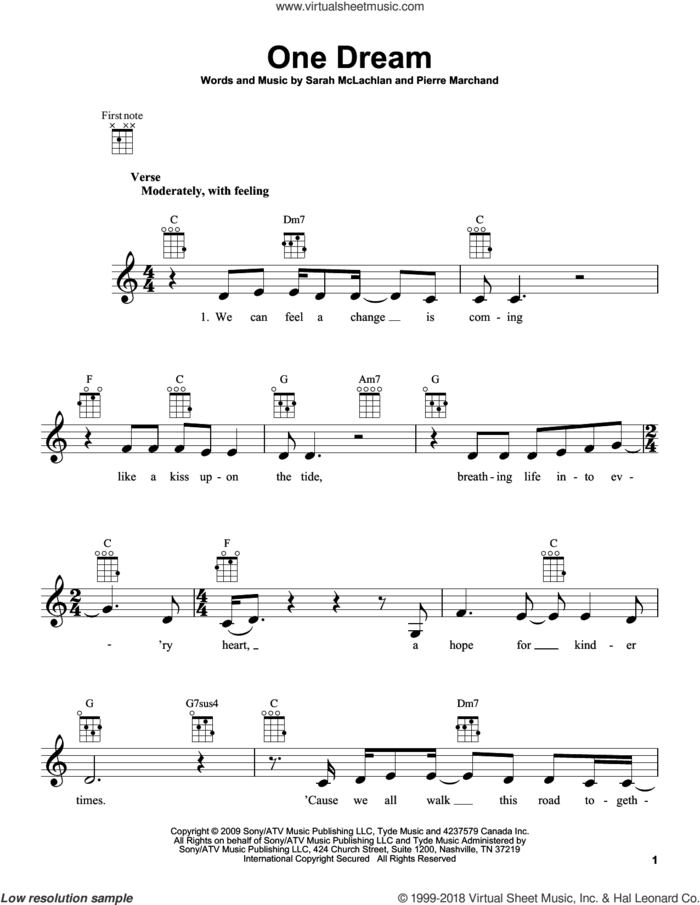 One Dream sheet music for ukulele by Sarah McLachlan and Pierre Marchand, intermediate skill level