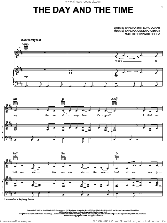 The Day And The Time sheet music for voice, piano or guitar by Shakira, Gustavo Cerati, Luis Fernando Ochoa and Pedro Aznar, intermediate skill level