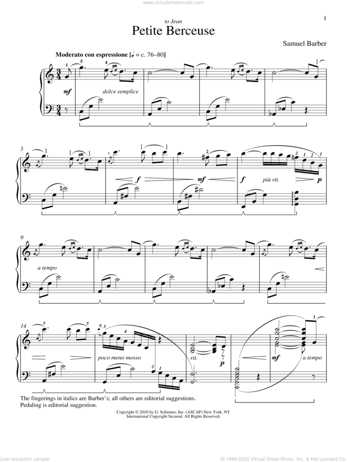 Petite Berceuse sheet music for piano solo by Samuel Barber and Richard Walters, classical score, intermediate skill level