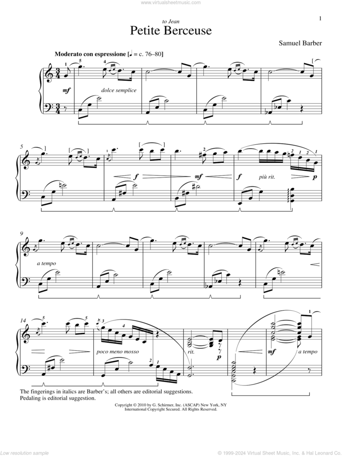 Petite Berceuse sheet music for piano solo by Samuel Barber and Richard Walters, classical score, intermediate skill level