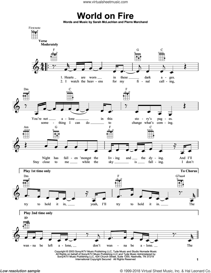 World On Fire sheet music for ukulele by Sarah McLachlan and Pierre Marchand, intermediate skill level