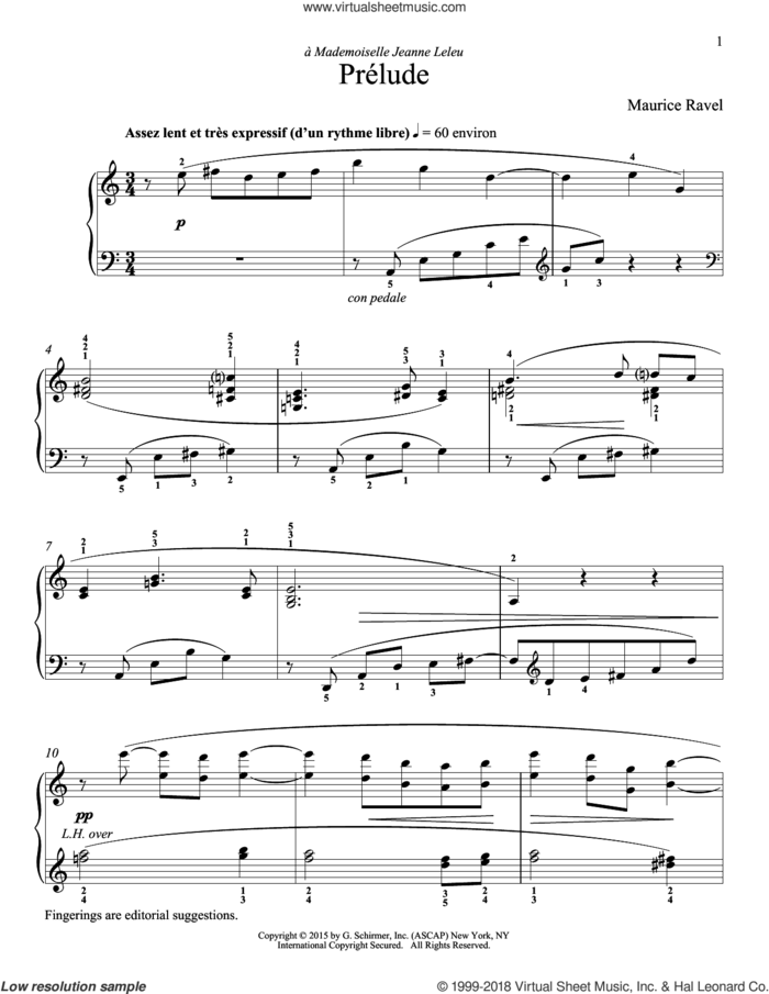 Prelude sheet music for piano solo by Maurice Ravel and Richard Walters, classical score, intermediate skill level