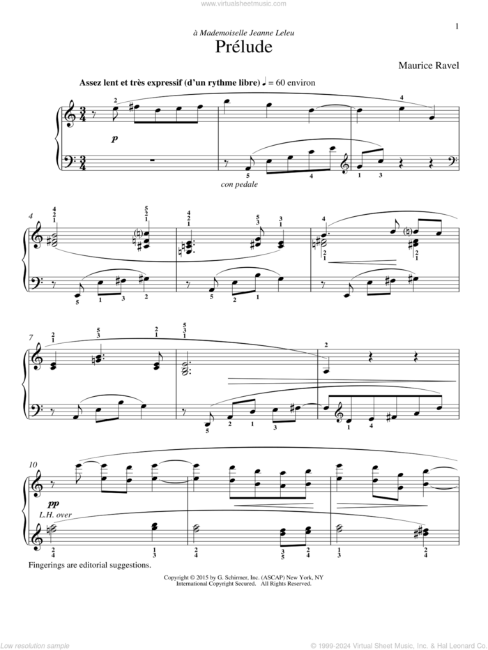 Prelude sheet music for piano solo by Maurice Ravel and Richard Walters, classical score, intermediate skill level