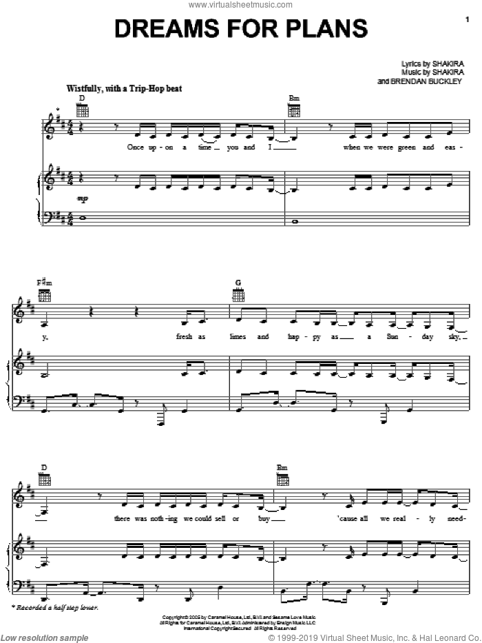 Dreams For Plans sheet music for voice, piano or guitar by Shakira and Brendan Buckley, intermediate skill level